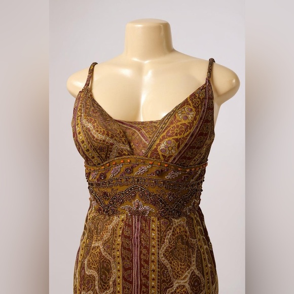 Y2K Vintage Boho Dolce Jovani Silk Beaded Front Slit Earth Tomes Size 4 Dress - Picture 3 of 16